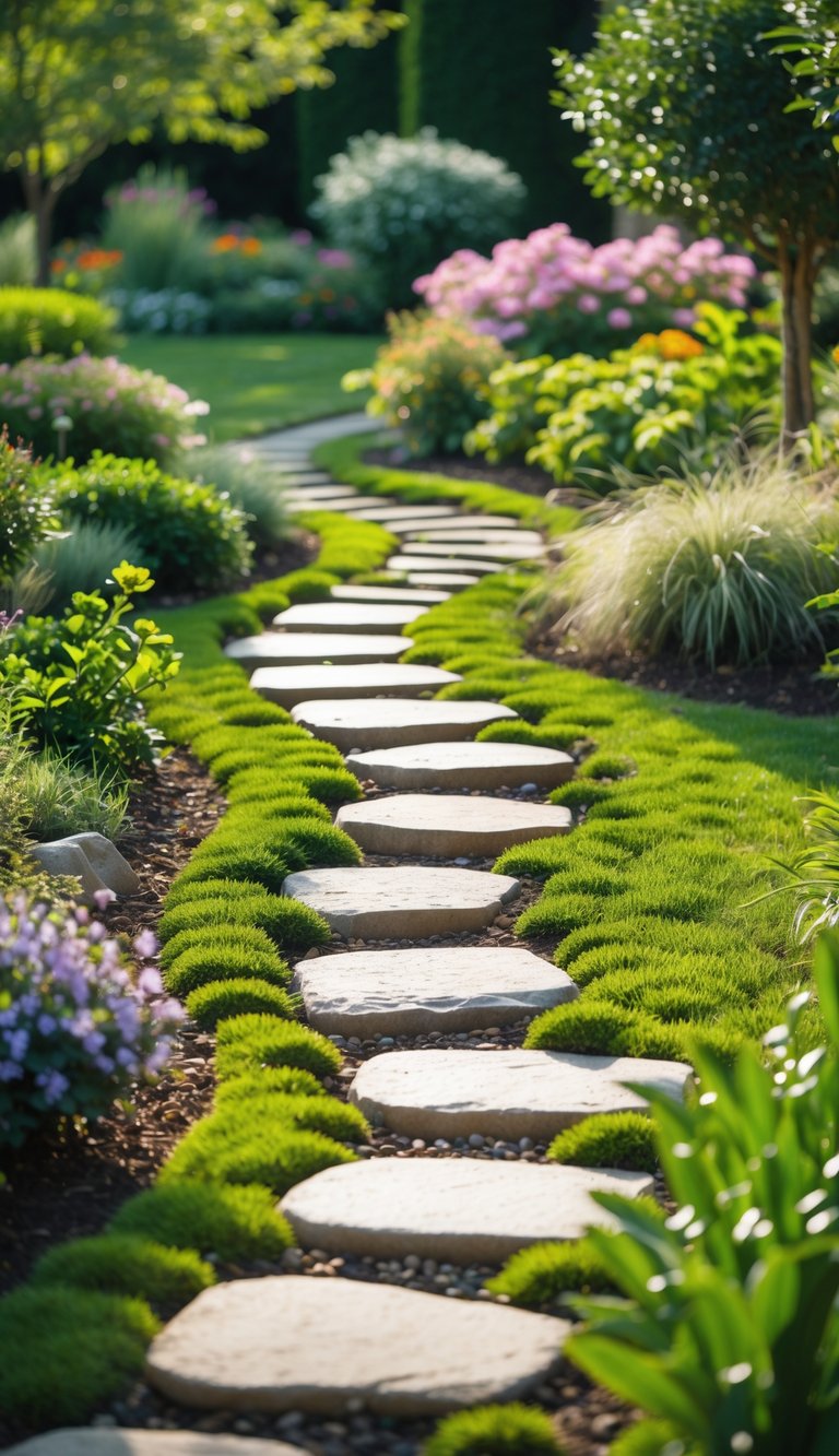A curved stone stepping pathway surrounded by green plants and flowers in a garden.